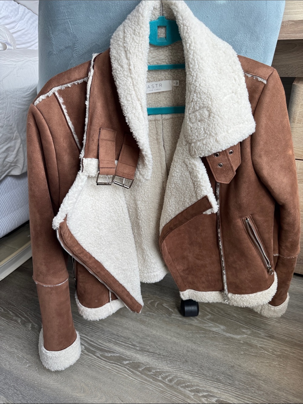 Astr Brown Suede Shearling Jacket with Cream Lining